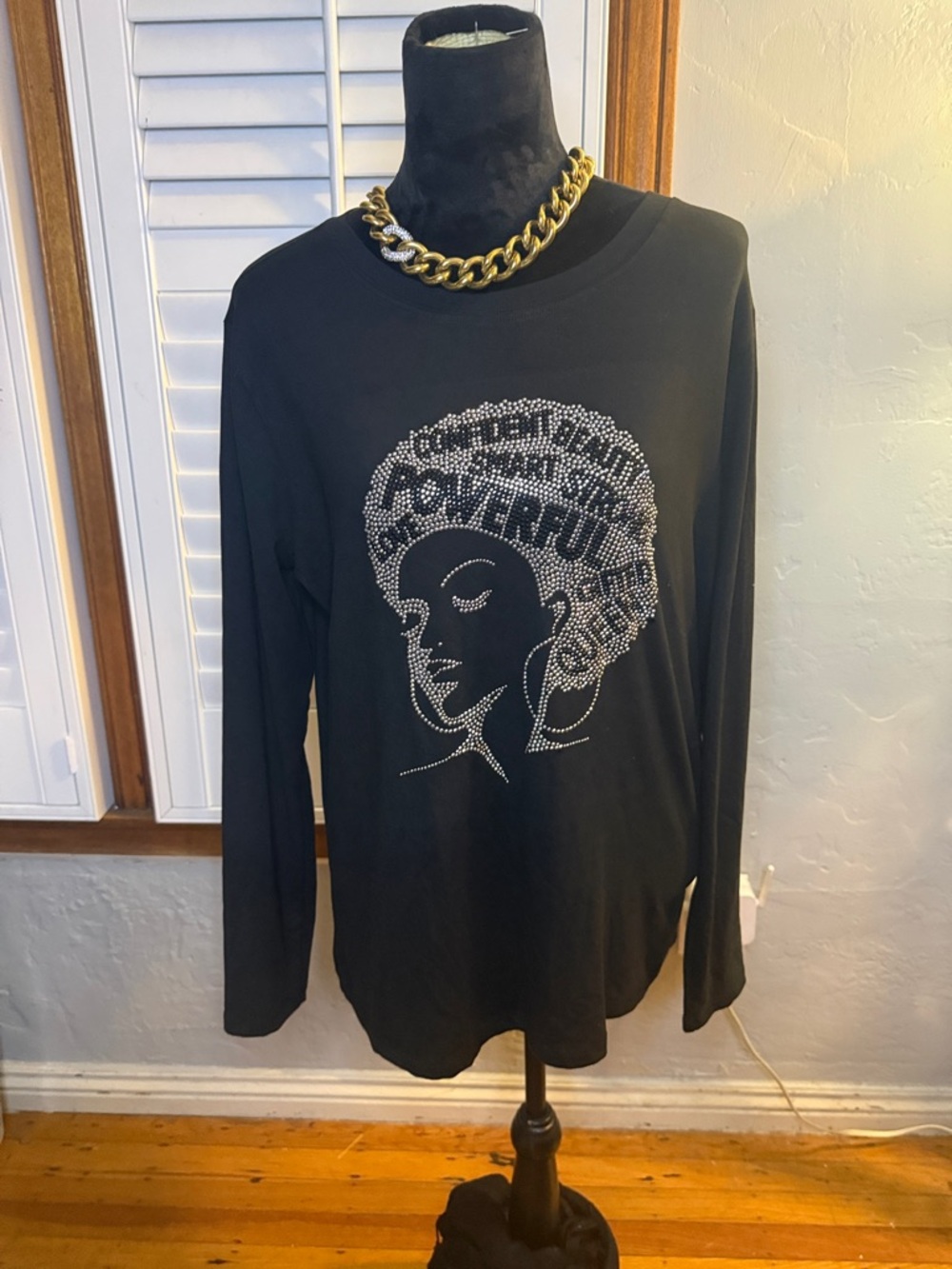 Black Rhinestone Afro Graphic Long Sleeve Top